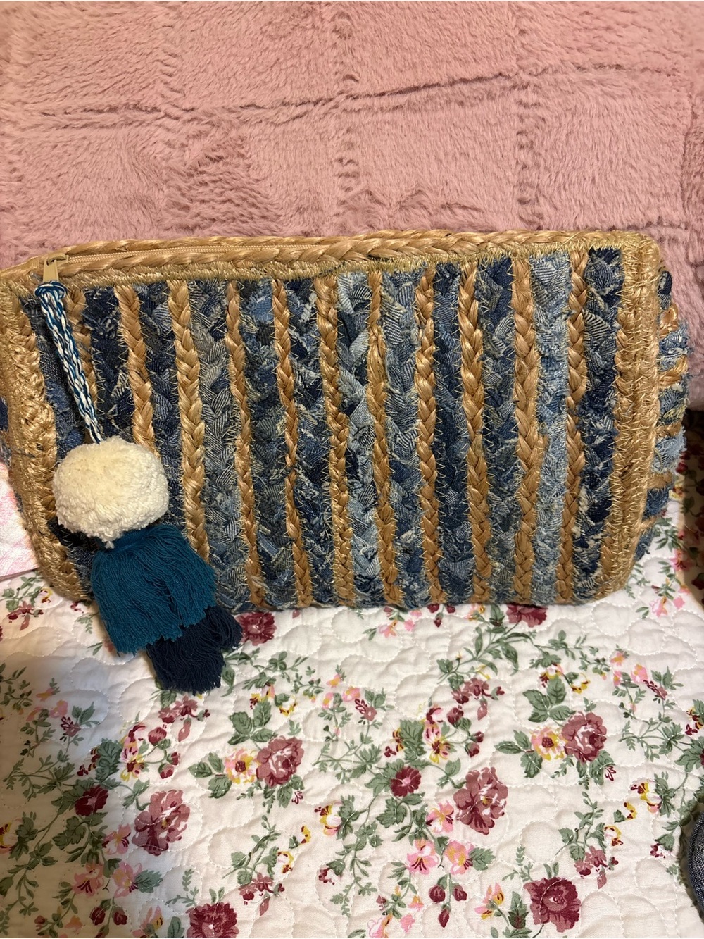 Woven Straw and Denim Tassel Clutch - Blue and Tan